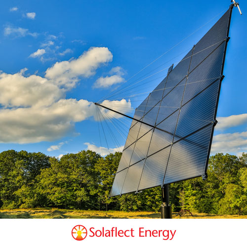 solar panel and blue sky with Solaflect company logo below