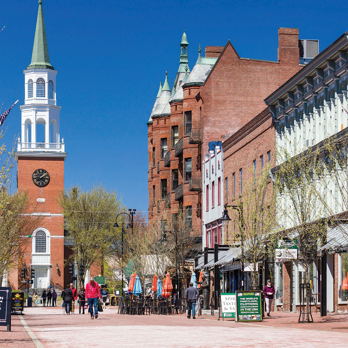 Row of small business storefronts on Church St in Burlington