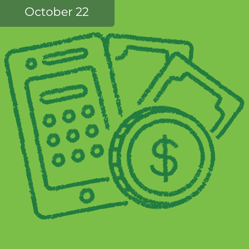 Drawing of a coin, calculator and money on a green background.